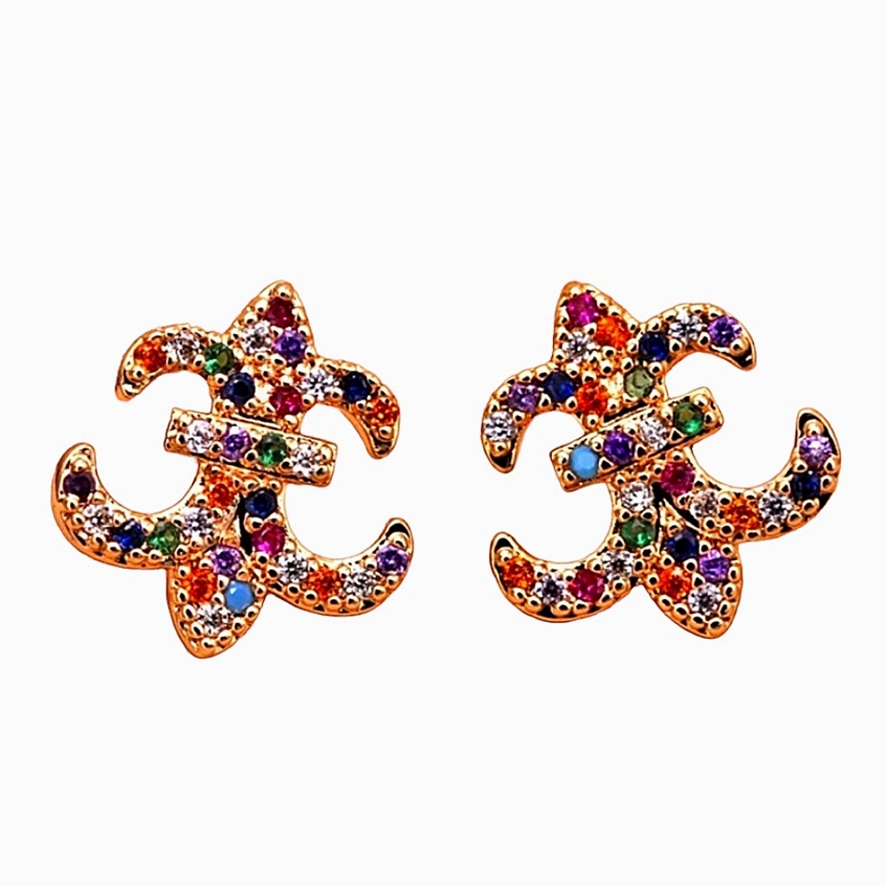 18K Yellow Gold Filled Fleur-De-Lis Colorful Zircon Stud Earrings